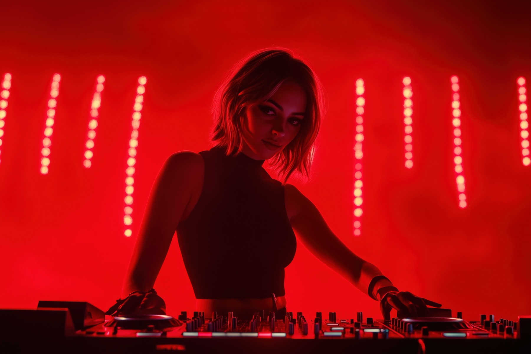 Female DJ behind the decks under neon booth light